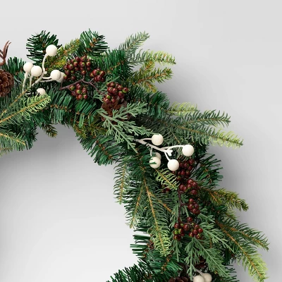28" Mixed Greenery With White Berries With Pinecones Artificial Christmas Wreath Green - Wondershop™ 4 28" Mixed Greenery With White Berries With Pinecones Artificial Christmas Wreath Green - Wondershop™ - Image 2