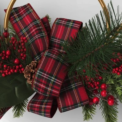 13" Metal Horn With Greenery And Plaid Bow Artificial Christmas Wreath Green/Red - Wondershop™ 4 13" Metal Horn With Greenery And Plaid Bow Artificial Christmas Wreath Green/Red - Wondershop™ - Image 2