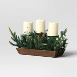 Battery Operated Flameless Pillar Candle And Black Candle Holder In Wood Tray With Faux Christmas Greenery - Wondershop™ -Home Decoration Shop GUEST d0b42b71 c387 4991 b229 9f700eeb7eb1