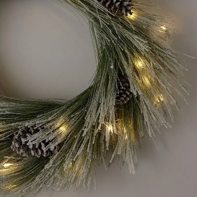 28" Pre-lit Battery Operated LED Flocked Long Needle Artificial Christmas Wreath Warm White Lights - Wondershop™ 4 28" Pre-lit Battery Operated LED Flocked Long Needle Artificial Christmas Wreath Warm White Lights - Wondershop™ - Image 2