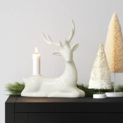 Home Decoration Shop 33 8.25" Taper Crackled Ceramic Deer Christmas Candle Holder White - Wondershop™