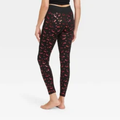 Women's Foil Print Santa Hats Seamless Fleece Lined Leggings - Wondershop™ Black/Red